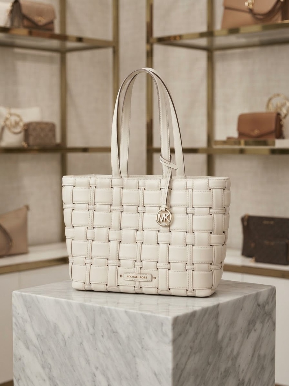 Michael Kors Cream Woven Leather Tote with MK Charm